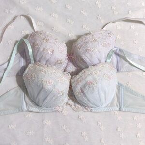 US-36B/JP-C80  Mint Japanese Brand Lace Trim Floral Embroidery Satin Bow Bra